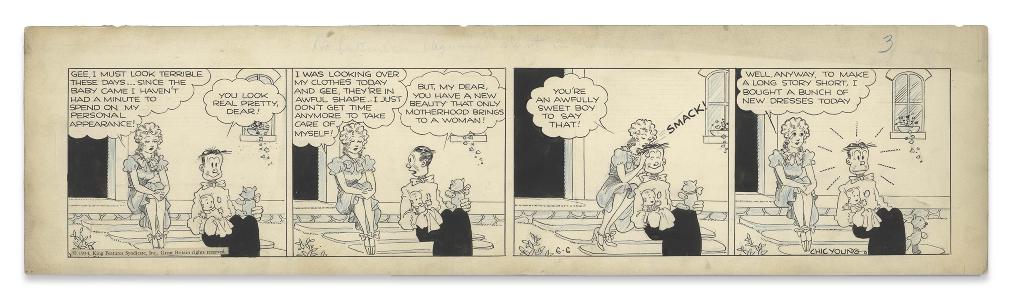 Chic Young Hand-Drawn ''Blondie'' Comic Strip From 1934 Titled ''Dress Rehearsal'' -- Blondie Lifts Her Spirits by Shopping